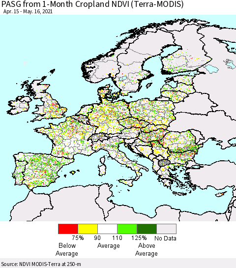 Europe PASG from 1-Month Cropland NDVI (Terra-MODIS) Thematic Map For 5/9/2021 - 5/16/2021