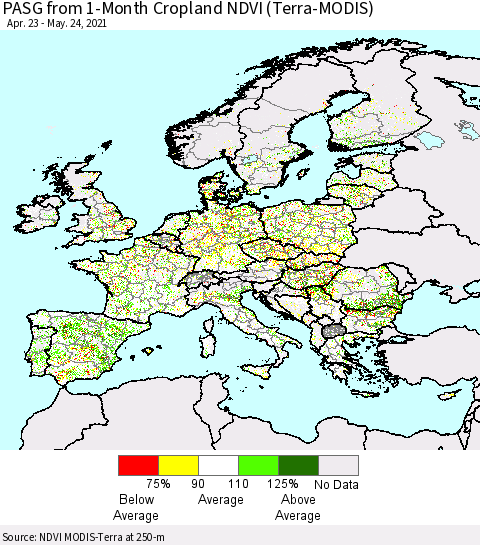 Europe PASG from 1-Month Cropland NDVI (Terra-MODIS) Thematic Map For 5/17/2021 - 5/24/2021