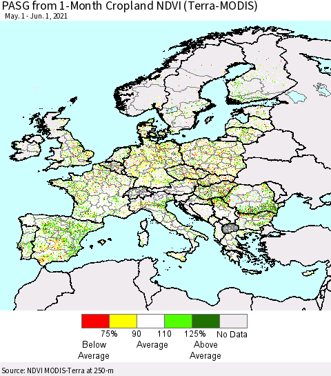 Europe PASG from 1-Month Cropland NDVI (Terra-MODIS) Thematic Map For 5/25/2021 - 6/1/2021