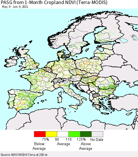 Europe PASG from 1-Month Cropland NDVI (Terra-MODIS) Thematic Map For 6/2/2021 - 6/9/2021