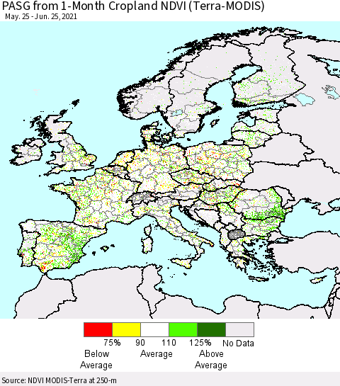 Europe PASG from 1-Month Cropland NDVI (Terra-MODIS) Thematic Map For 6/18/2021 - 6/25/2021