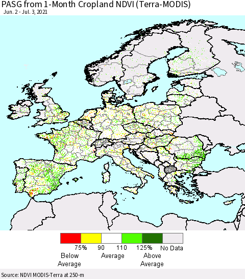 Europe PASG from 1-Month Cropland NDVI (Terra-MODIS) Thematic Map For 6/26/2021 - 7/3/2021