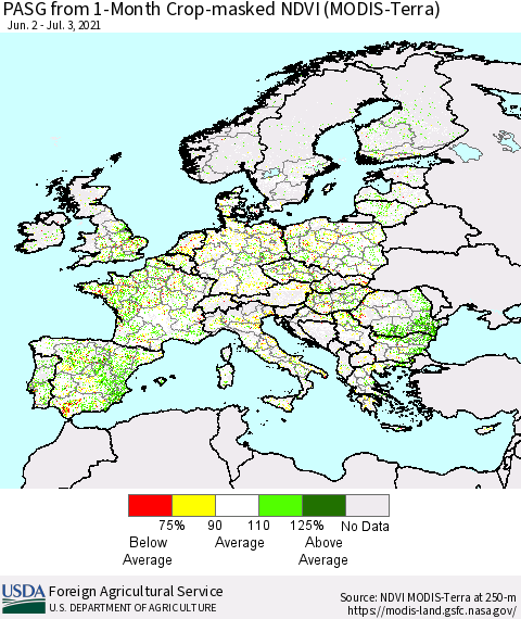 Europe PASG from 1-Month Cropland NDVI (Terra-MODIS) Thematic Map For 7/1/2021 - 7/10/2021
