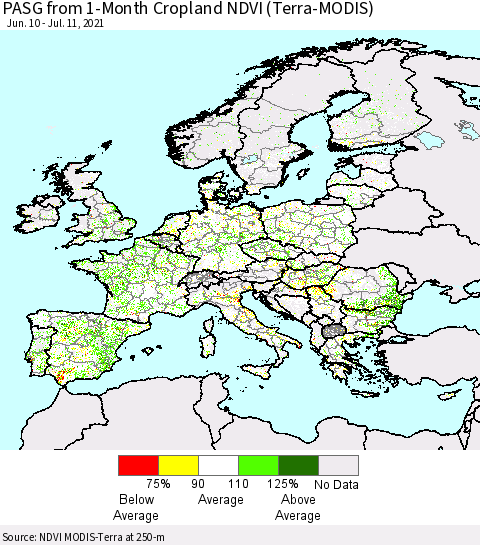 Europe PASG from 1-Month Cropland NDVI (Terra-MODIS) Thematic Map For 7/4/2021 - 7/11/2021