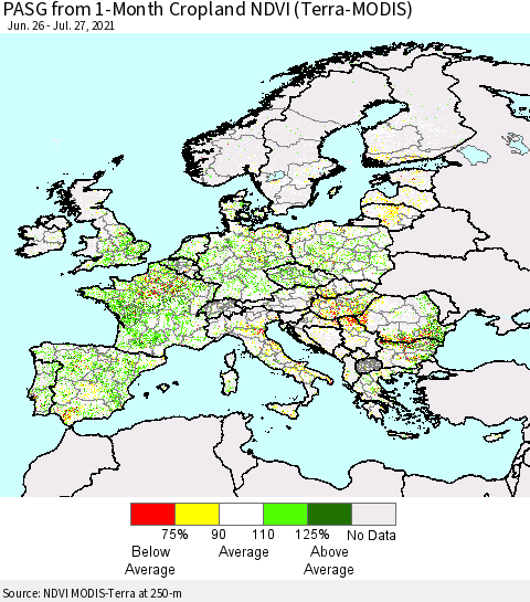 Europe PASG from 1-Month Cropland NDVI (Terra-MODIS) Thematic Map For 7/20/2021 - 7/27/2021