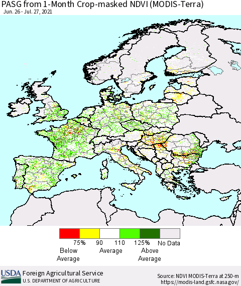 Europe PASG from 1-Month Cropland NDVI (Terra-MODIS) Thematic Map For 7/21/2021 - 7/31/2021