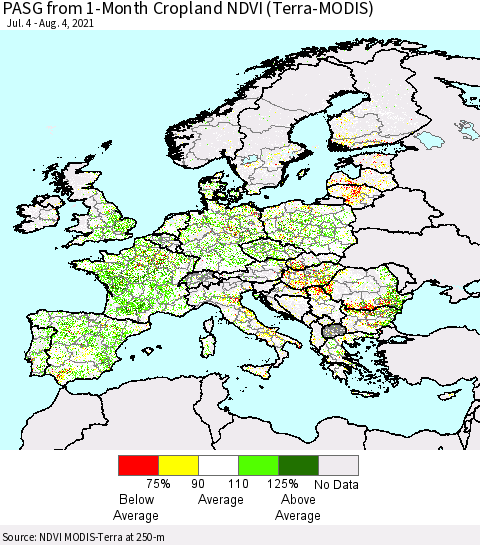 Europe PASG from 1-Month Cropland NDVI (Terra-MODIS) Thematic Map For 7/28/2021 - 8/4/2021