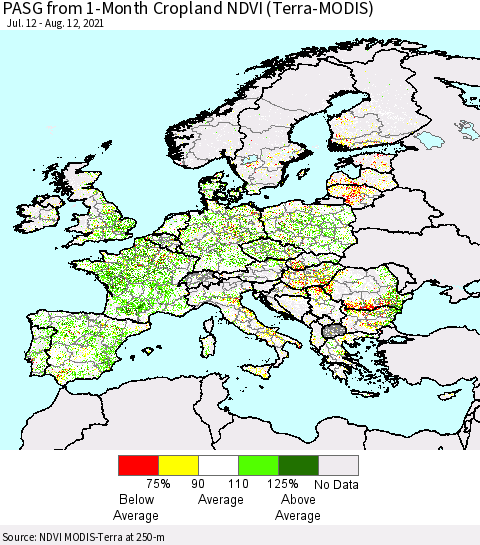 Europe PASG from 1-Month Cropland NDVI (Terra-MODIS) Thematic Map For 8/5/2021 - 8/12/2021