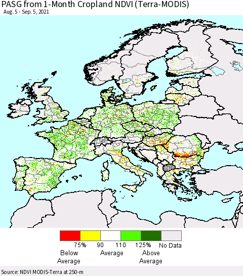 Europe PASG from 1-Month Cropland NDVI (Terra-MODIS) Thematic Map For 8/29/2021 - 9/5/2021