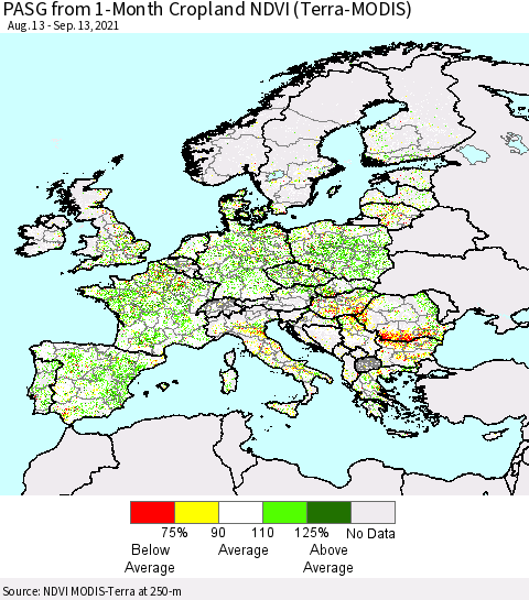 Europe PASG from 1-Month Cropland NDVI (Terra-MODIS) Thematic Map For 9/6/2021 - 9/13/2021