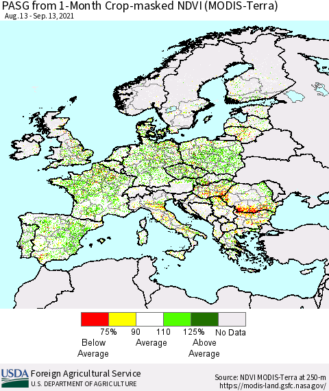 Europe PASG from 1-Month Cropland NDVI (Terra-MODIS) Thematic Map For 9/11/2021 - 9/20/2021
