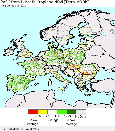 Europe PASG from 1-Month Cropland NDVI (Terra-MODIS) Thematic Map For 9/22/2021 - 9/29/2021