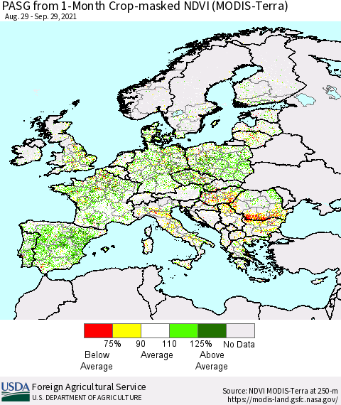Europe PASG from 1-Month Cropland NDVI (Terra-MODIS) Thematic Map For 9/21/2021 - 9/30/2021