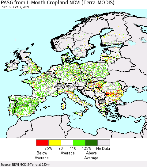 Europe PASG from 1-Month Cropland NDVI (Terra-MODIS) Thematic Map For 9/30/2021 - 10/7/2021