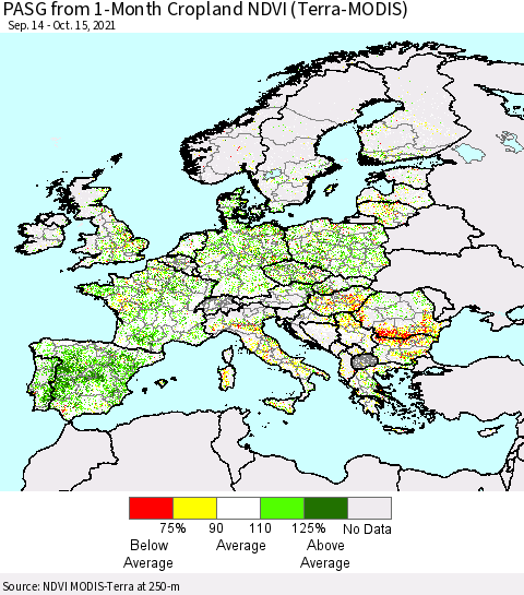Europe PASG from 1-Month Cropland NDVI (Terra-MODIS) Thematic Map For 10/8/2021 - 10/15/2021