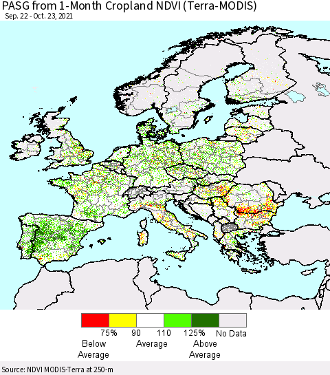 Europe PASG from 1-Month Cropland NDVI (Terra-MODIS) Thematic Map For 10/16/2021 - 10/23/2021