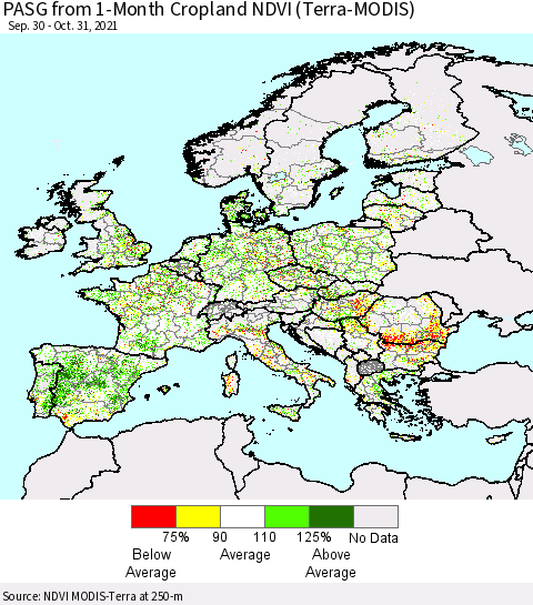 Europe PASG from 1-Month Cropland NDVI (Terra-MODIS) Thematic Map For 10/24/2021 - 10/31/2021