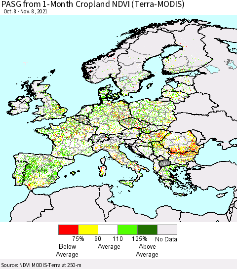 Europe PASG from 1-Month Cropland NDVI (Terra-MODIS) Thematic Map For 11/1/2021 - 11/8/2021