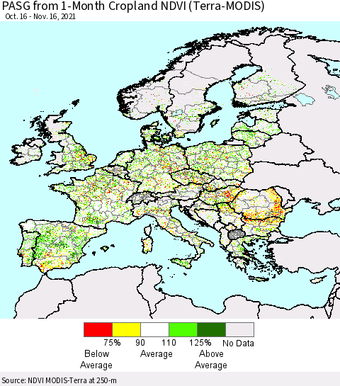 Europe PASG from 1-Month Cropland NDVI (Terra-MODIS) Thematic Map For 11/9/2021 - 11/16/2021