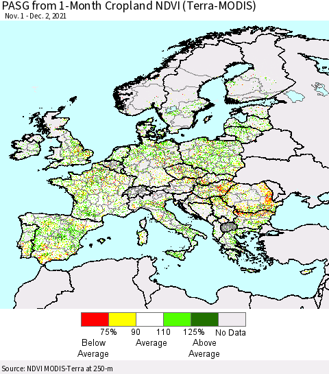 Europe PASG from 1-Month Cropland NDVI (Terra-MODIS) Thematic Map For 11/25/2021 - 12/2/2021