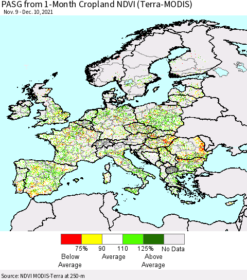 Europe PASG from 1-Month Cropland NDVI (Terra-MODIS) Thematic Map For 12/3/2021 - 12/10/2021