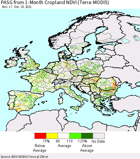 Europe PASG from 1-Month Cropland NDVI (Terra-MODIS) Thematic Map For 12/11/2021 - 12/18/2021