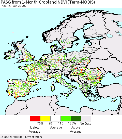 Europe PASG from 1-Month Cropland NDVI (Terra-MODIS) Thematic Map For 12/19/2021 - 12/26/2021