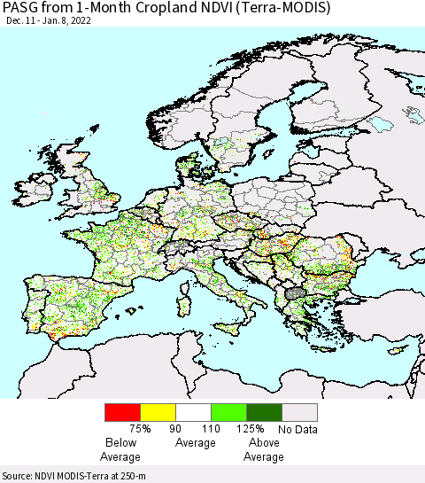 Europe PASG from 1-Month Cropland NDVI (Terra-MODIS) Thematic Map For 1/1/2022 - 1/8/2022