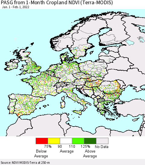 Europe PASG from 1-Month Cropland NDVI (Terra-MODIS) Thematic Map For 1/25/2022 - 2/1/2022