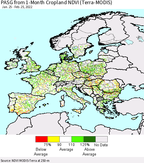 Europe PASG from 1-Month Cropland NDVI (Terra-MODIS) Thematic Map For 2/18/2022 - 2/25/2022