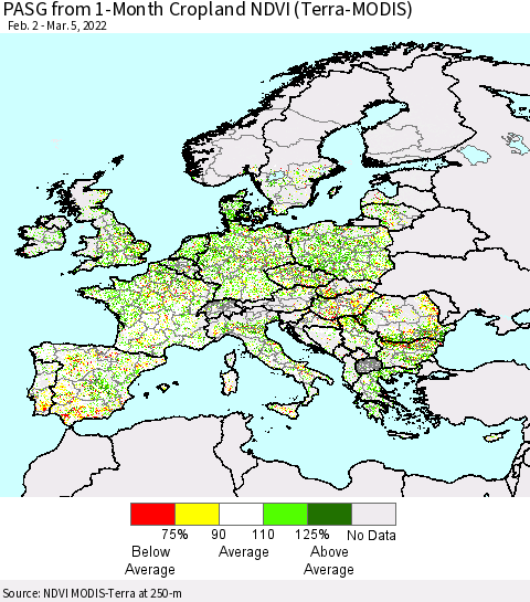 Europe PASG from 1-Month Cropland NDVI (Terra-MODIS) Thematic Map For 2/26/2022 - 3/5/2022