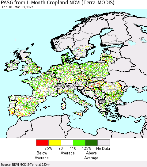 Europe PASG from 1-Month Cropland NDVI (Terra-MODIS) Thematic Map For 3/6/2022 - 3/13/2022