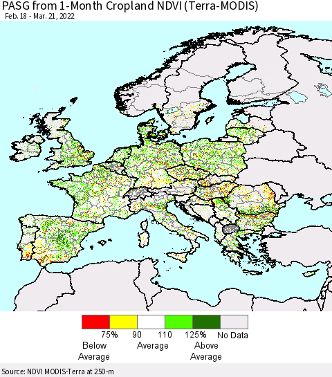 Europe PASG from 1-Month Cropland NDVI (Terra-MODIS) Thematic Map For 3/14/2022 - 3/21/2022