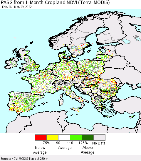 Europe PASG from 1-Month Cropland NDVI (Terra-MODIS) Thematic Map For 3/22/2022 - 3/29/2022