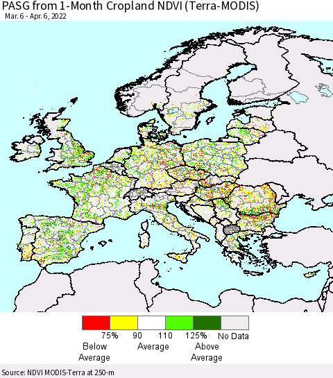 Europe PASG from 1-Month Cropland NDVI (Terra-MODIS) Thematic Map For 3/30/2022 - 4/6/2022
