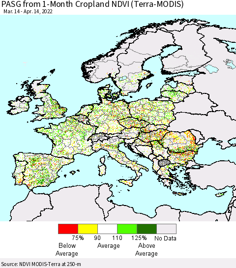 Europe PASG from 1-Month Cropland NDVI (Terra-MODIS) Thematic Map For 4/7/2022 - 4/14/2022