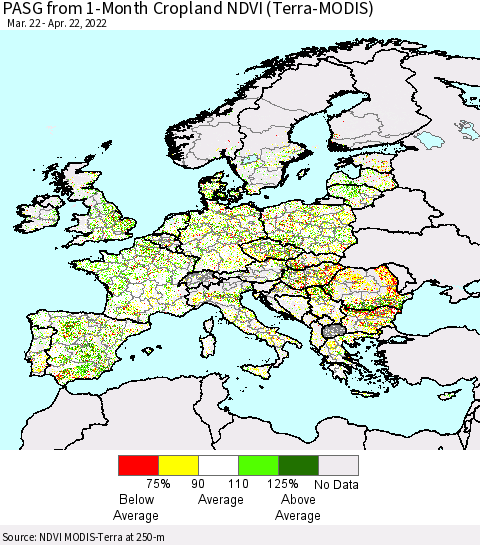 Europe PASG from 1-Month Cropland NDVI (Terra-MODIS) Thematic Map For 4/15/2022 - 4/22/2022