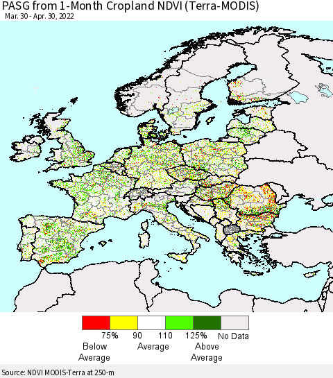 Europe PASG from 1-Month Cropland NDVI (Terra-MODIS) Thematic Map For 4/23/2022 - 4/30/2022