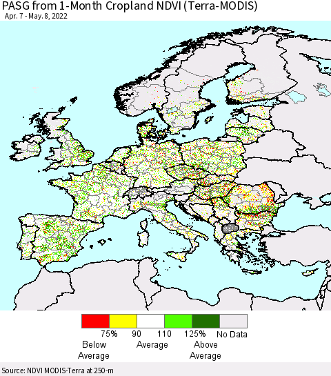 Europe PASG from 1-Month Cropland NDVI (Terra-MODIS) Thematic Map For 5/1/2022 - 5/8/2022