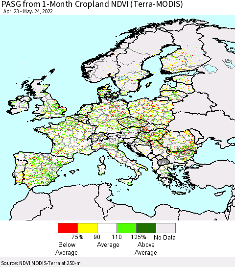 Europe PASG from 1-Month Cropland NDVI (Terra-MODIS) Thematic Map For 5/17/2022 - 5/24/2022