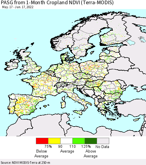 Europe PASG from 1-Month Cropland NDVI (Terra-MODIS) Thematic Map For 6/10/2022 - 6/17/2022