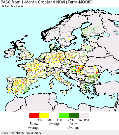 Europe PASG from 1-Month Cropland NDVI (Terra-MODIS) Thematic Map For 6/26/2022 - 7/3/2022