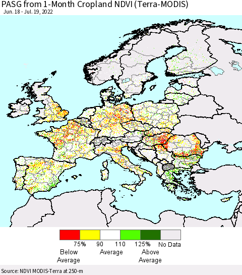 Europe PASG from 1-Month Cropland NDVI (Terra-MODIS) Thematic Map For 7/12/2022 - 7/19/2022