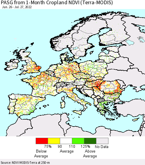 Europe PASG from 1-Month Cropland NDVI (Terra-MODIS) Thematic Map For 7/20/2022 - 7/27/2022