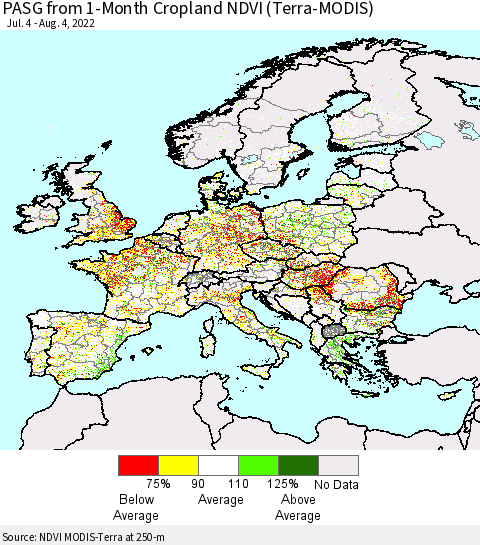 Europe PASG from 1-Month Cropland NDVI (Terra-MODIS) Thematic Map For 7/28/2022 - 8/4/2022