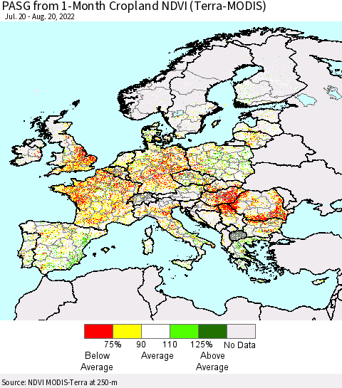 Europe PASG from 1-Month Cropland NDVI (Terra-MODIS) Thematic Map For 8/13/2022 - 8/20/2022