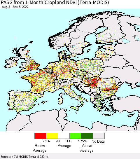Europe PASG from 1-Month Cropland NDVI (Terra-MODIS) Thematic Map For 8/29/2022 - 9/5/2022