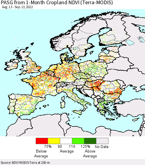 Europe PASG from 1-Month Cropland NDVI (Terra-MODIS) Thematic Map For 9/6/2022 - 9/13/2022