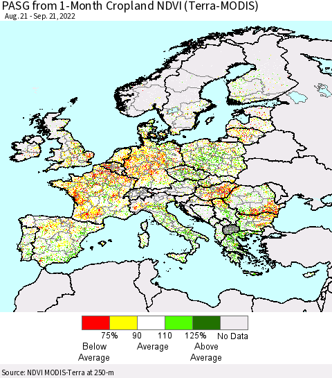 Europe PASG from 1-Month Cropland NDVI (Terra-MODIS) Thematic Map For 9/14/2022 - 9/21/2022