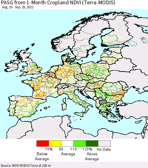 Europe PASG from 1-Month Cropland NDVI (Terra-MODIS) Thematic Map For 9/22/2022 - 9/29/2022